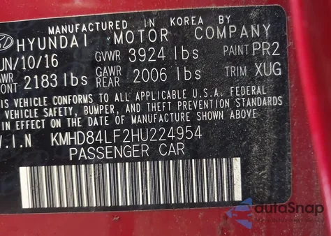 2017 Hyundai Elantra Se from USA, damaged, VIN KMHD84LF2HU224954